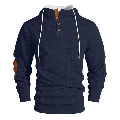 Men Retro Jacquard Texture Hoodie Pullover Long Sleeve Contrast Elbow Patches Drawstring Hooded Sweatshirt For Casual Commute Top