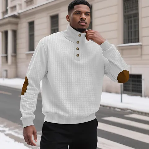 Men's Casual Jacquard Stand Collar Sweatshirt Long Sleeve Color Block Elbow Patch Pullover Loose Fit Urban Fashion Top