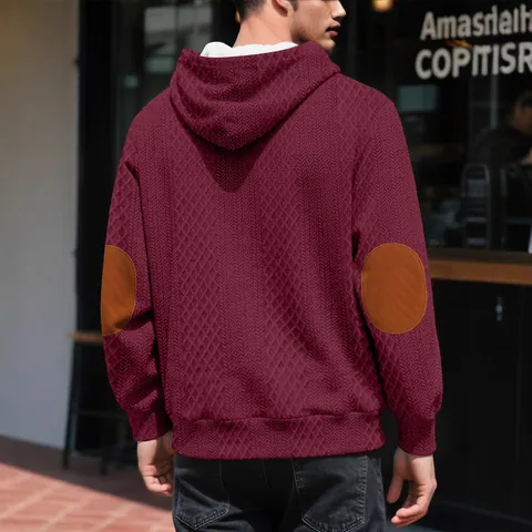 Men Retro Jacquard Texture Hoodie Pullover Long Sleeve Contrast Elbow Patches Drawstring Hooded Sweatshirt For Casual Commute Top