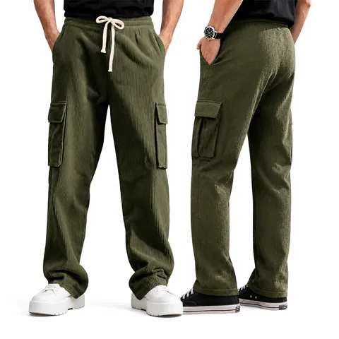 Men Corduroy Multi-Pocket Cargo Pants Drawstring Loose Straight Leg Vintage Casual Trousers Outdoor Fashion Bottom