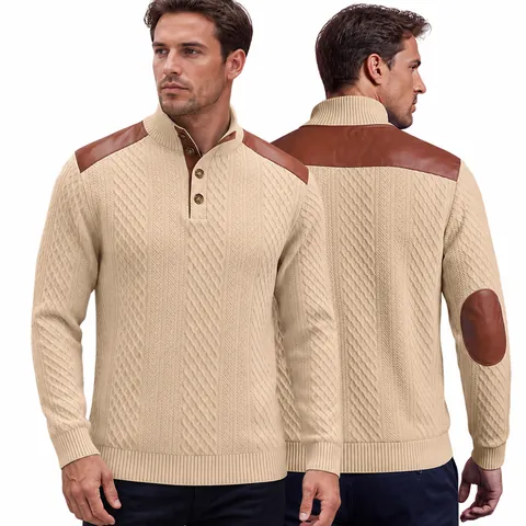 Men Vintage Casual Jacquard Textured Stand Collar Top Long Sleeve Leather Patchwork Sweatshirt Button Placket Sporty Pullover
