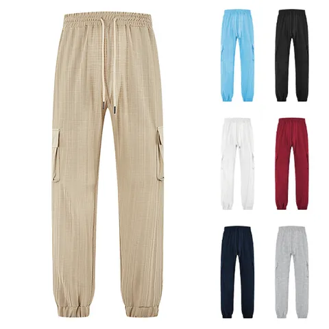 Men Casual Cargo Joggers Solid Color Multi-Pocket Slim Fit Sweatpants Waffle Texture Tapered Ankle Length Bottom For Outdoor Daily