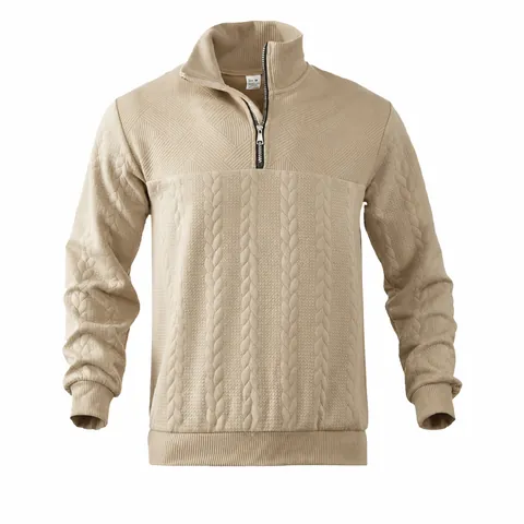 Maglione in Maglia da Uomo Retrò con Mezza Zip Manica Lunga Collo Alto Pullover Jacquard Trecce Casual Largo Poliestere Elastan Top