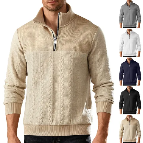 Maglione in Maglia da Uomo Retrò con Mezza Zip Manica Lunga Collo Alto Pullover Jacquard Trecce Casual Largo Poliestere Elastan Top