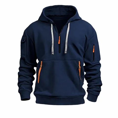 Sudadera Informal con Capucha y Media Cremallera para Hombre Forrada de Felpa Jersey Deportivo con Bolsillo Canguro y Detalles de Contraste