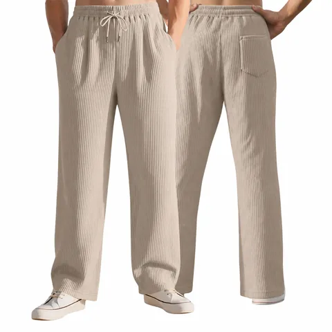 Pantalons Décontractés Plissés pour Hommes Couleur Unie Taille Haute Coupe Droite Larges Avec Cordon de Serrage Bas Respirants