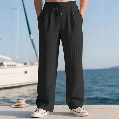 Pantalons Décontractés Plissés pour Hommes Couleur Unie Taille Haute Coupe Droite Larges Avec Cordon de Serrage Bas Respirants
