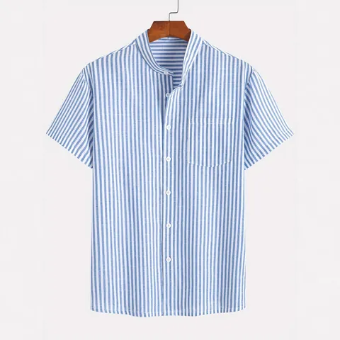 Camisa de Manga Corta a Rayas Retro Americano para Hombre Casual Corte Holgado Cuello Alto Botones Top de Poliéster Camisa Ligera de Verano