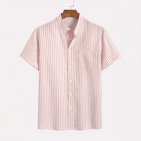 Camisa de Manga Corta a Rayas Retro Americano para Hombre Casual Corte Holgado Cuello Alto Botones Top de Poliéster Camisa Ligera de Verano