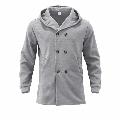 Men's Double-Breasted Hooded Mid-Length Overcoat Casual Brushed Polyester Winter Pea Coat Top For Youth British Style