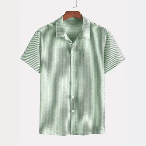 Camisa de Manga Corta de Rayas Verticales Vintage Americano para Hombre Textura Seersucker Ligera Poliéster Top para Casual Verano Viaje