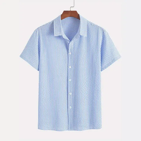 Camisa de Manga Corta de Rayas Verticales Vintage Americano para Hombre Textura Seersucker Ligera Poliéster Top para Casual Verano Viaje