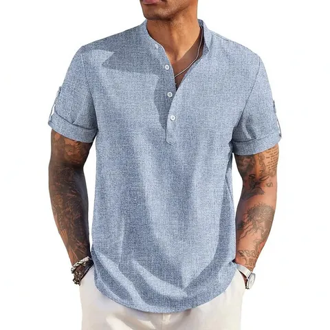 Camicia Henley da Uomo Slim Fit Collo Alto Manica Corta Casual Tinta Unita Top Estivo Camicia in Misto Fibre Sintetiche