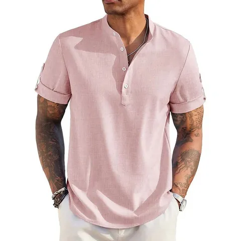 Camicia Henley da Uomo Slim Fit Collo Alto Manica Corta Casual Tinta Unita Top Estivo Camicia in Misto Fibre Sintetiche