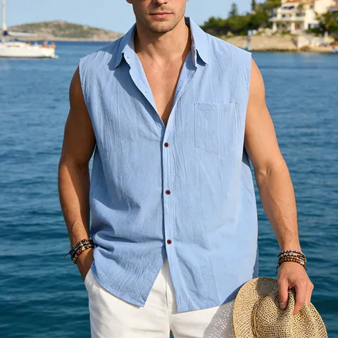 Camisa sin Mangas de Algodón y Lino para Hombre Estilo Resort de Verano Suelta Transpirable con Solapa y Botones Top Casual