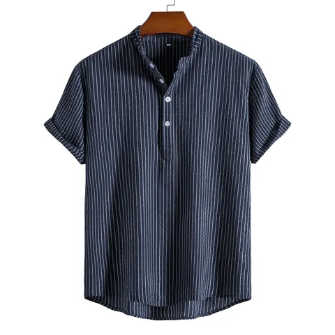 Camicia da Uomo Casual a Righe a Maniche Corte Lusso Leggero Righe Verticali Collo Henley Pullover Top per Uomo Estate Smart Casual Quotidiana