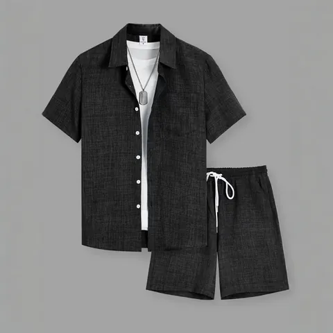 Conjunto de Dos Piezas de Verano para Hombre Camisa de Manga Corta y Pantalones Cortos Casuales Texturizados Top And Bottom