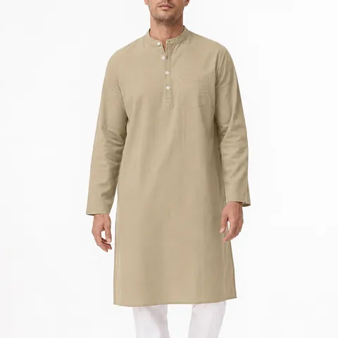 Túnica Thobe Étnica de Algodón de Manga Larga para Hombre Cuello Alzado Abertura Lateral Botón Kurta Ropa Tradicional de Oriente Medio