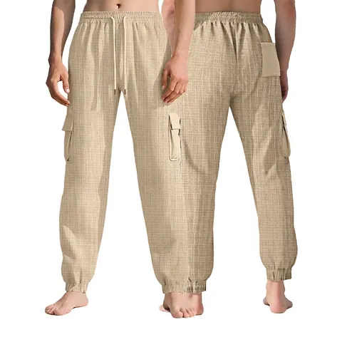 Men Casual Cargo Joggers Solid Color Multi-Pocket Slim Fit Sweatpants Waffle Texture Tapered Ankle Length Bottom For Outdoor Daily