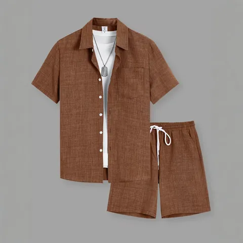 Conjunto de Dos Piezas de Verano para Hombre Camisa de Manga Corta y Pantalones Cortos Casuales Texturizados Top And Bottom
