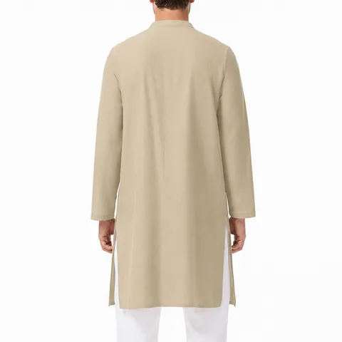 Túnica Thobe Étnica de Algodón de Manga Larga para Hombre Cuello Alzado Abertura Lateral Botón Kurta Ropa Tradicional de Oriente Medio