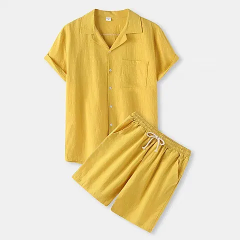 Men's Summer Casual Cotton Short Sleeve T-Shirt and Shorts Set Solid Color Lapel Top And Bottom Two Piece Loungewear