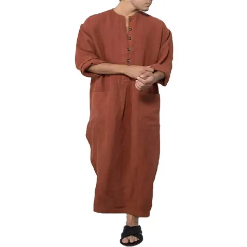 Túnica Kaftán Étnica para Hombre Cuello Alto Manga Larga Holgada Mezcla de Algodón Thawb Color Sólido Con Bolsillos Aberturas Laterales