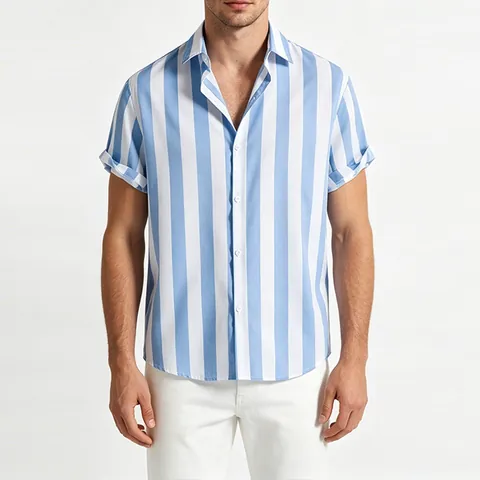 Camisa Casual de Rayas Verticales para Hombre Manga Corta Poliéster Cómoda Elástica con Botones y Solapa para Oficina y Diario