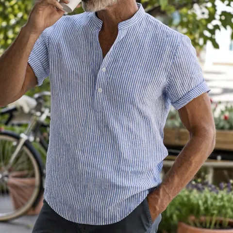 Camisa Henley Para Hombre De Rayas Seersucker Manga Corta Cuello Mandarín Casual Transpirable Poliéster Top Ajustada