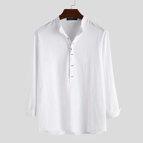 Chemise Décontractée en Coton pour Hommes Couleur Unie Col Officier Manches Longues Henley Coupe Slim Respirant Patchwork Top