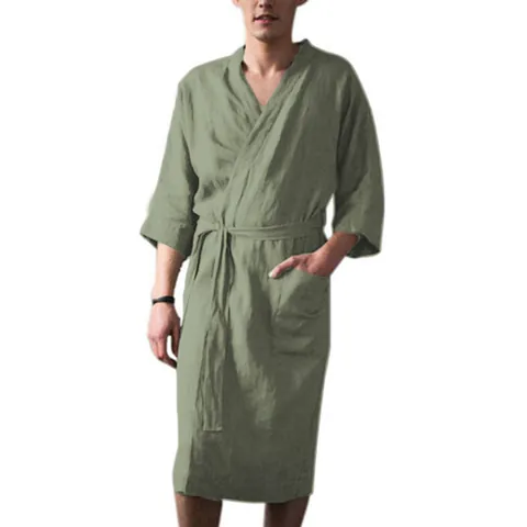 Herren Baumwolle Mittellang Bademantel Kragenlos Dreiviertelarm Hausmantel Verdickt Warm Homewear Mit Bindegürtel Und Tasche