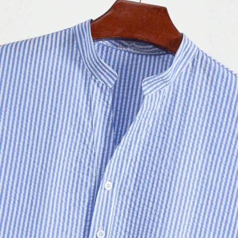 Camisa Henley Para Hombre De Rayas Seersucker Manga Corta Cuello Mandarín Casual Transpirable Poliéster Top Ajustada