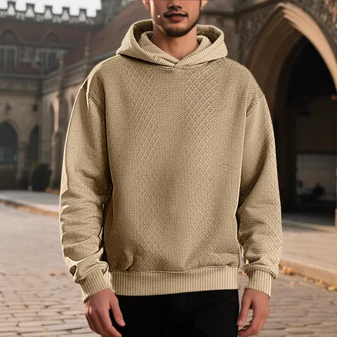 Sweat à Capuche Jacquard Décontracté pour Hommes Couleur Unie Coupe Large Sweat Chaud Automne Hiver Streetwear Top