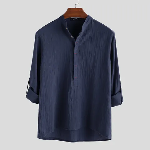 Camisa de Algodón de Manga Larga Casual para Hombre Color Sólido Cuello Alto Camisa Henley de Moda Otoño Tops