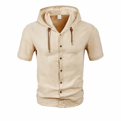 Chemise Décontractée à Manches Courtes Pour Hommes Mélange de Lin Respirant Haut Ample à Capuche Été Mode Couleur Unie