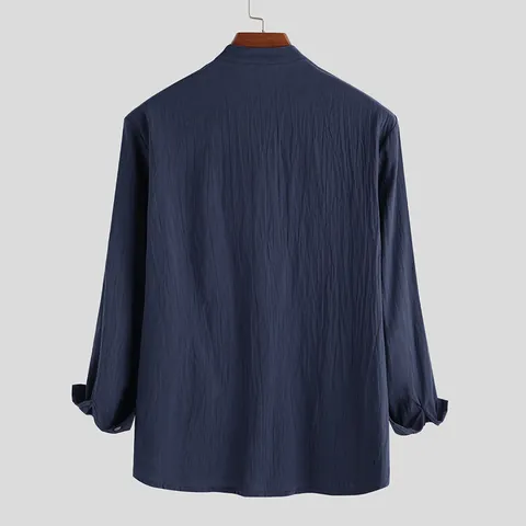 Chemise Décontractée en Coton pour Hommes Couleur Unie Col Officier Manches Longues Henley Coupe Slim Respirant Patchwork Top