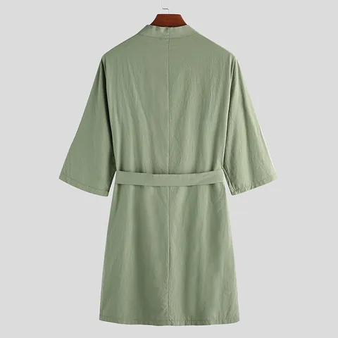 Herren Baumwolle Mittellang Bademantel Kragenlos Dreiviertelarm Hausmantel Verdickt Warm Homewear Mit Bindegürtel Und Tasche
