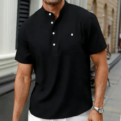 Top Casual de Poliéster para Hombre Manga Corta Camisa Henley Cuello Alto Color Sólido Transpirable Verano Con Bolsillo