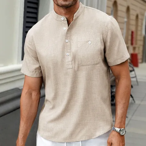 Top Casual de Poliéster para Hombre Manga Corta Camisa Henley Cuello Alto Color Sólido Transpirable Verano Con Bolsillo