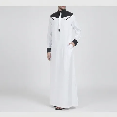 Men Ethnic Thobe Robe Color Block Patchwork Long Sleeve Stand Collar Fashion Loose Fit Muslim Jubba Arabic Kaftan Robe