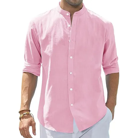Camisa Casual para Hombre Cuello Mandarín Mezcla de Algodón Manga Larga Corte Ajustado Color Sólido Primavera Otoño
