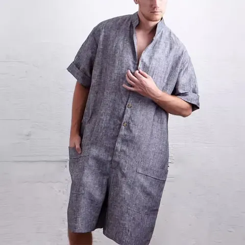 Mono de Trabajo para Hombre Manga Corta Cuello Alzado Casual con Botones Romper Corto Jumpsuit para Hombre de Una Pieza