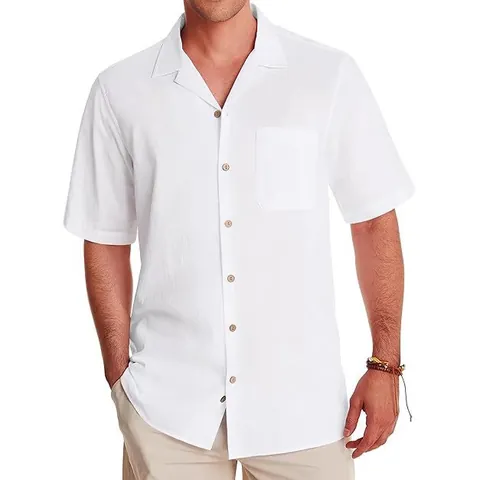 Men Casual Cuban Collar Short Sleeve Shirt Cotton Blend Summer Beach Vacation Hawaiian Shirt With Button Front Chest Pocket