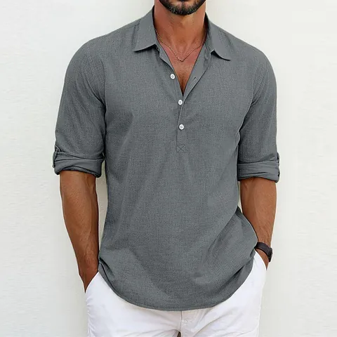 Camisa Pulóver Casual para Hombre Color Sólido Solapa Media Tapeta Manga Larga Top Poliéster Ligero Verano Primavera Ropa