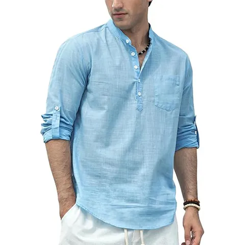 Camisa Henley Casual de Algodón y Lino para Hombre Verano Playa Manga Larga Cuello Mao Color Sólido