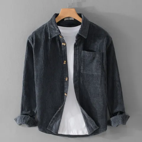 Chaqueta de Camisa de Pana Retro para Hombre Manga Larga Casual Ajuste Holgado Cuello Camisero Top de Color Sólido