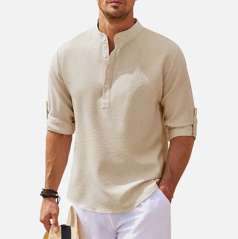 Camisa de Punto de Gofre Casual para Hombre Cuello Mandarín Manga Larga Henley Top Color Sólido Ajuste Holgado Suave Transpirable