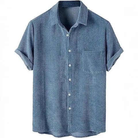 Chemise Décontractée en Polyester Velours Côtelé pour Hommes Manches Courtes Boutonnée avec Poche Couleur Unie Top Mode