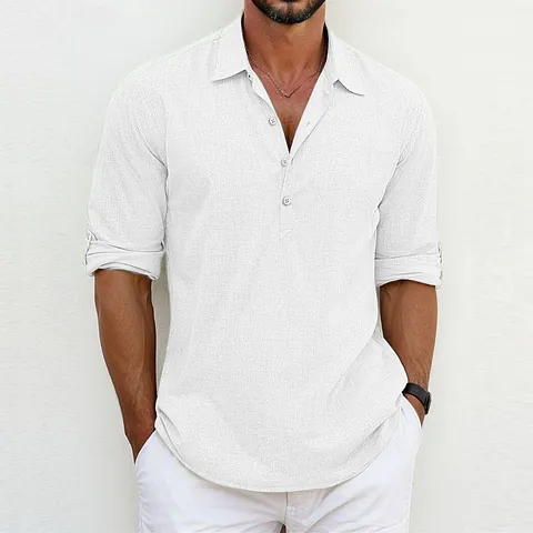 Camisa Pulóver Casual para Hombre Color Sólido Solapa Media Tapeta Manga Larga Top Poliéster Ligero Verano Primavera Ropa