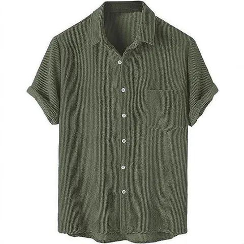 Chemise Décontractée en Polyester Velours Côtelé pour Hommes Manches Courtes Boutonnée avec Poche Couleur Unie Top Mode